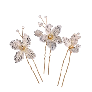 Set de 3 épingles à cheveux de mariée avec fleurs dorées et perles faites main
