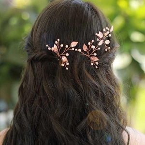 Set di forcine per capelli con foglie in oro rosa e perle per acconciature da sposa