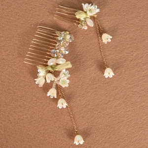 Handmade lily of the valley hair comb set with floral tassels and crystal beads
