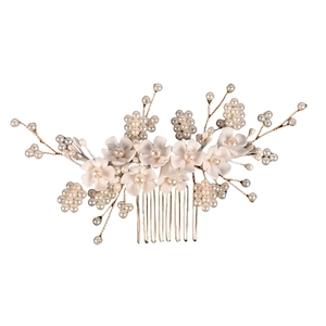 Pettine per capelli da sposa con fiori in resina e perle bianche su filo dorato