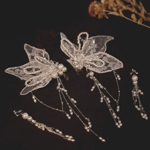 Elegant bridal butterfly lace hairpins and pearl tassel earrings set for weddings