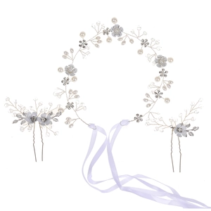 Parure de bijoux de tête de mariage avec fleurs argentées, perles et rubans