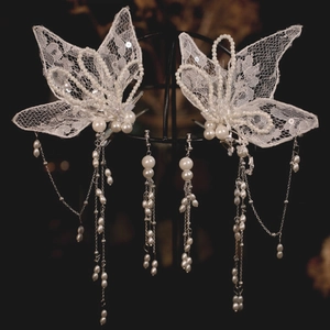 Elegant White Lace Butterfly Hair Accessories Set Long Artificial Pearl Tassel Earrings Bridal Wedding Party Jewelry Set For Women