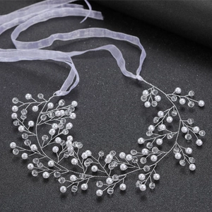 Bridal Hair Vine Crystal Artificial Pearl Wedding Headpiece Handmade Silver Wire Hair Accessory With White Satin Ribbon For Women