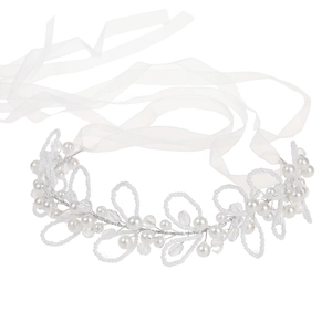 Elegant bridal hairband with silver beads, white pearls and crystals on organza ribbon