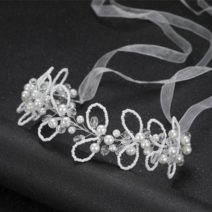 Handmade Faux Artificial Pearl Crystal Flower Bridal Headband With Organza Ribbon Wedding Hair Accessories For Women Beaded Hair Vine