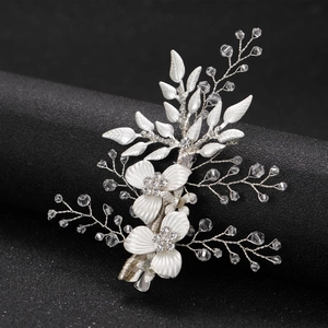 Barrette à Cheveux Élégante en Alliage Argenté Fleur et Feuille Avec Strass et Perles Bijoux de Cheveux de Mariage Femme