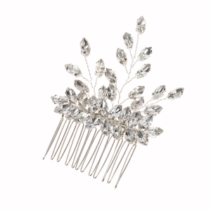 Peigne à cheveux de mariée avec design de feuilles argentées et strass marquise