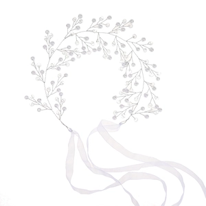 Elegant bridal hair vine with white pearls and crystals on silver wire with satin ribbons