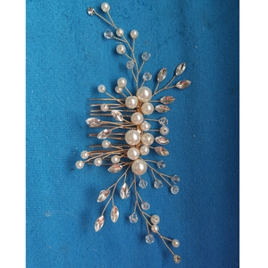 Exquisite pearl and crystal hair comb with golden wire for bridal wedding hairstyles