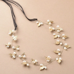 Gold Leaf Artificial Pearl Bridal Hair Vine Elegant Bohemian Wedding Headband With Black Satin Ribbon For Women Party Hair Accessory