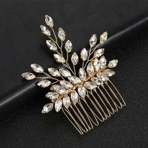 Peigne à cheveux de mariée doré avec strass marquise et détails de feuilles