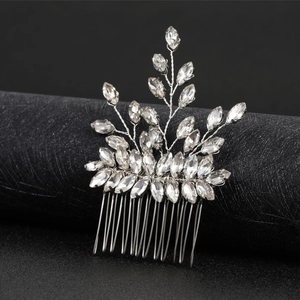 Peigne à cheveux de mariée argenté avec feuilles en cristal pour mariage