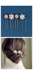 Details des 4-teiligen Perlen-Blumen-Haarnadel-Sets mit Maßen und Braut-Styling-Ansicht