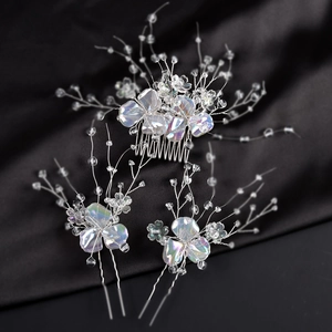 Exquis Peigne à Cheveux de Mariée en Acrylique Iridescent et Ensemble d'Épingles à Cheveux Fait Main Fil d'Argent Strass Accessoires de Mariage pour Femmes