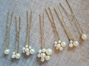 Set of 7 gold bridal U-shaped hair pins with elegant white faux pearls for wedding styling