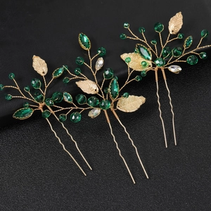 Handmade emerald green leaf hair pin set with gold wire and crystals for bridal hair