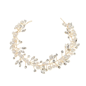 Elegant bridal hairband with white pearls and marquise rhinestones on gold wire vines