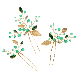 Handmade emerald green leaf hair pin set with gold wire and crystals for bridal styling