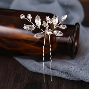 Épingle à cheveux de mariée argentée avec strass marquise et double broche en forme de U