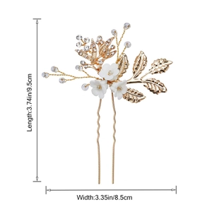 Elegant white ceramic flower U-shaped bridal hair pin with gold leaves and crystals