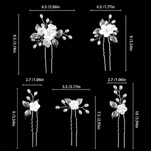 5-piece bridal hair pin set with white fabric flowers and pink crystal pearls