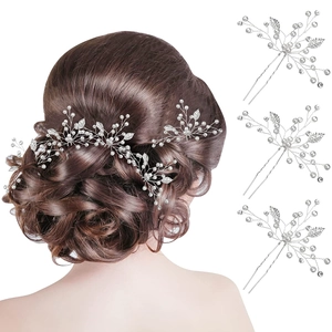 Lot de 3 épingles à cheveux argentées avec feuilles et perles pour coiffures de mariée