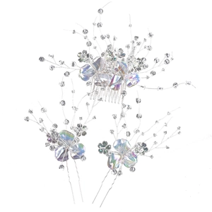 Parure de peigne à cheveux de mariée avec fleurs en cristal et épingles argentées