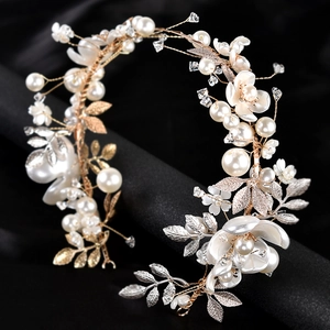 Serre-tête de Mariée Fait Main en Alliage Doré Künstliche Perle Résine Fleur Accessoires de Cheveux de Mariage pour Fête Bal Femme Coiffe Romantique