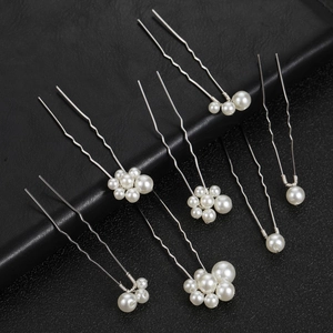 Set of 7 silver U-shaped bridal hair pins with assorted elegant white pearls decoration