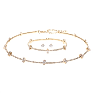 Gold bridal jewelry set featuring crystal choker necklace, bracelet and stud earrings