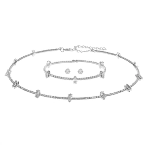 Detail of silver bridal jewelry set with zircon crystals including necklace and bracelet