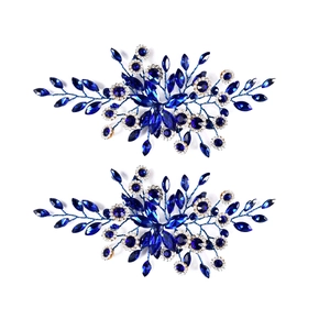 Royal blue marquise crystal hair comb set with floral rhinestone vine branch design