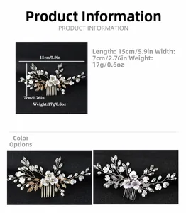 Detail view of pearl floral hair comb showing dimensions of 15cm length and 7cm width