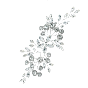Close-up of flexible silver wire hair vine with clear marquise crystal leaves for weddings