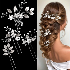 Set accessori capelli sposa con foglie d'argento, perle bianche e cristalli eleganti