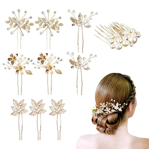 Collection de Pics à Cheveux Élégants de Mariée en Alliage Plaqué Or Avec Künstliche Perles d'Imitation Strass Feuille Fleur Accessoire Mariage