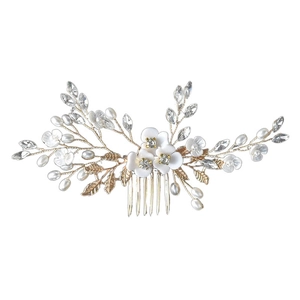 Handmade bridal hair comb with white floral crystals and pearls on gold wiring