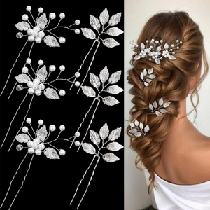 Coffret de 6 épingles à cheveux élégantes avec feuilles argentées et perles de mariée