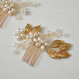 Détail du peigne à cheveux de mariée fait main avec feuilles dorées et perles