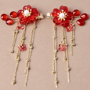 Barrettes à Cheveux Fleur en Alliage Résine Avec Longs Glands Métalliques Fausse Künstliche Perle Strass Style Ancien Hanfu Accessoires Femme