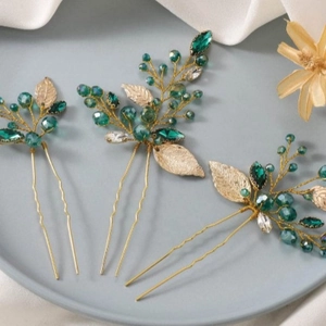 Handmade Gold Metal Leaf U-Shaped Hair Pins With Emerald Green Royal Blue Rhinestones Bridal Wedding Hair Accessories