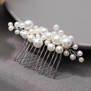 Handmade Faux Artificial Pearl Beaded Hair Comb Alloy Bridal Wedding Headpiece Elegant Women Hair Styling Accessory Gold Silver