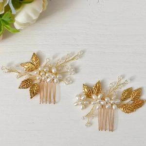 Lot de 2 peignes à cheveux avec feuilles dorées et perles pour accessoires mariée