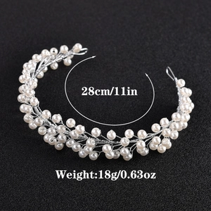 Detail view of 28cm bridal pearl hair vine showing weight and length specifications