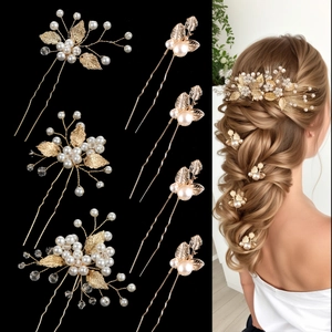 Handmade Artificial Pearl Alloy Flower Hairpin Collection Wedding Bridal Hair Accessories Gold Silver Leaf U-Shaped Hair Fork for Women