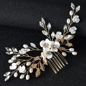 Handmade Bridal Hair Comb Artificial Pearl Crystal Flower Design Gold Silver Alloy Leaf Wedding Party Elegant Headpiece For Women