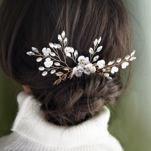 Handmade pearl and crystal flower hair comb for bridal wedding hairstyles in gold finish