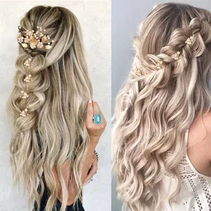 Elegant bridal hair pin set with golden leaves and pearls for wedding hairstyles