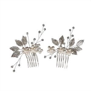 Paire élégante de peignes à cheveux de mariée avec perles, feuilles d'argent et cristaux